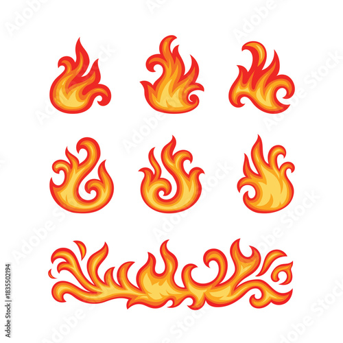 Bright decorative ornamental flame icons with swirling shapes in red, orange, and yellow, perfect for design accents, symbols, or dynamic effects.