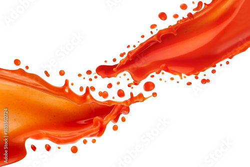 Streams of fresh red tomato juice connect with dynamic splashes, flying drops, isolated. Healthy organic drink for design of detox diet menu, fitness cuisine or restaurant, card, poster, flyer.