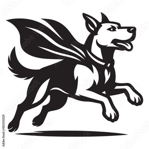 Brave dog in cape, dynamic leap, bold energy, hero pose.