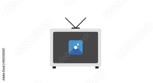 Vintage TV displays blue square icon of snowy mountain