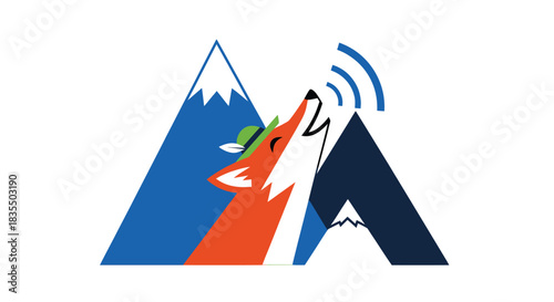 Geometric logo of fox howling between stylized mountain peaks with signal icon