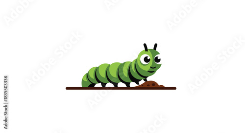 Smiling green cartoon caterpillar crawls on brown ground