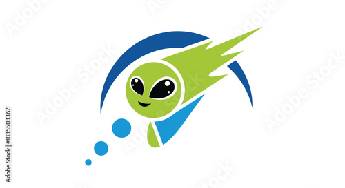 Cartoon of a bright, smiling, green alien flying with a trail