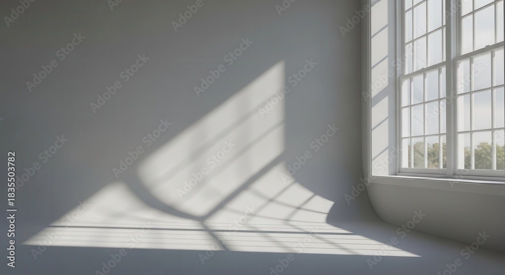 Fototapeta premium Bright sunlight streams through a multi-paned window casting geometric shadow patterns across an empty interior space
