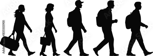 PrintBlack silhouettes vector illustration set of diverse people walking, passengers, travelers, or business commuters with bags and backpacks, urban transport.