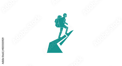 Geometric teal hiker figure ascending mountain