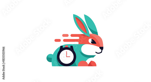 Speedy Rabbit A graphic image of a stylized teal and salmon rabbit with motion lines, featuring a clock on its side
