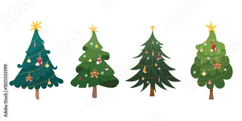Christmas tree illustration collection | Pine tree, fir tree, evergreen, star-topped tree, festive tree, holiday decoration, winter greenery, rustic tree, woodland tree, greeting card illustration