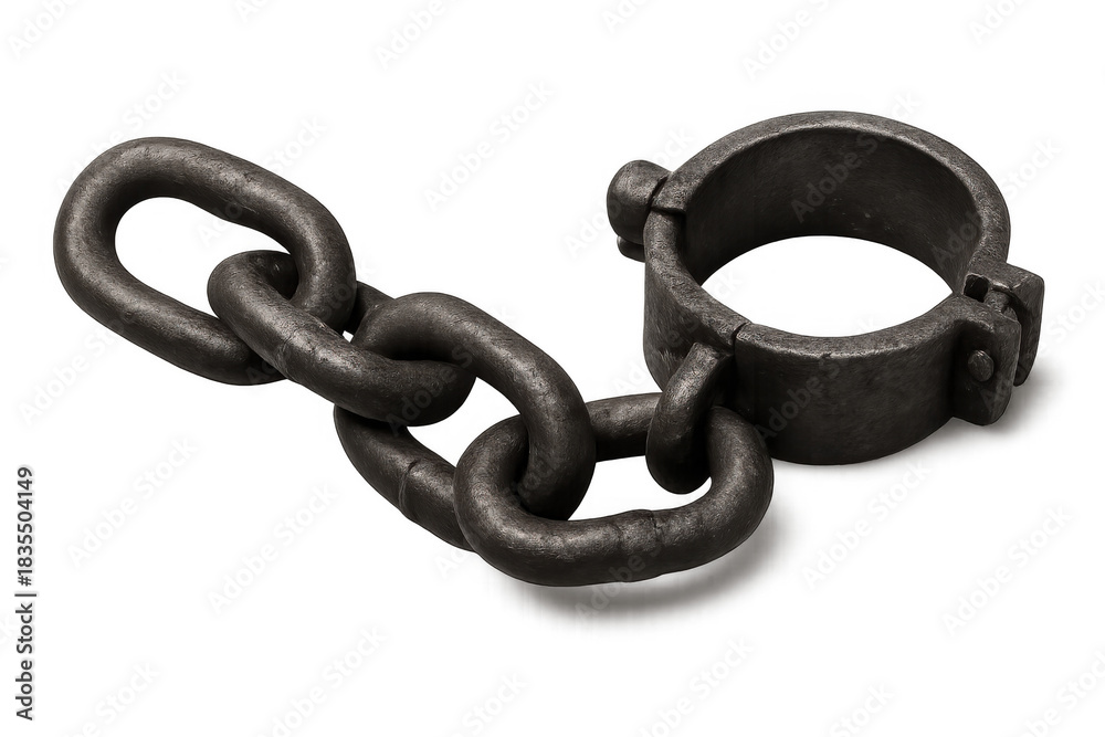 Obraz premium Heavy iron shackle with a strong chain connecting, symbolizing slavery, oppression, and confinement, on a transparent background