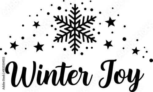 Winter joy text with snowflake stars and dots in black and white illustration