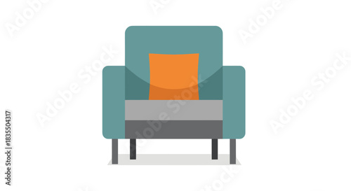 Modern teal armchair with orange pillow