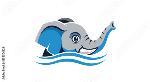 Cartoon elephant head emerging from blue water waves