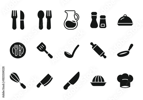 Title: Kitchen Tools Icon Set Black Silhouette Vector Illustration | Editable Stroke | Fork, Knife, Spoon, Spatula, Ladle, Rolling Pin, Whisk, Cleaver, Chef Hat, Citrus Juicer
