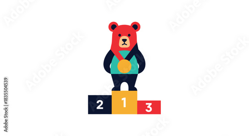 Cartoon flat-style bear wearing gold medal, standing on podium