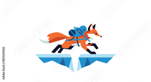 Geometric fox leaps over icy chasm, carrying a blue pack