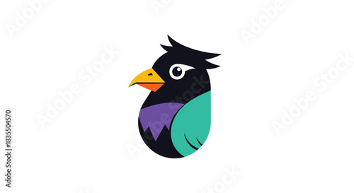 Stylized bird with bright beak and teal/purple body against a white backdrop