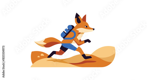 Cartoon fox with backpack runs across geometric, orange terrain