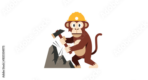 Cartoon monkey wearing a hard hat, hammering rocks