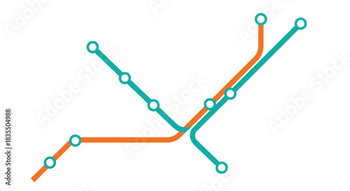 Minimalist abstract transit map with turquoise & orange lines, circle nodes on white
