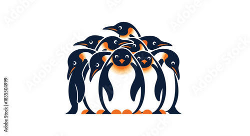 Huddle of penguins stylized group of Antarctic birds with bold, geometric shapes and warm orange accents