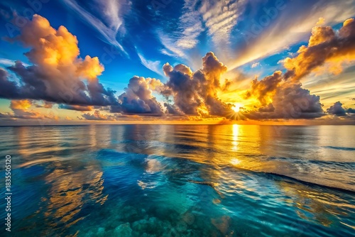 Dramatic sunrise over tropical ocean with reflective water and fiery clouds