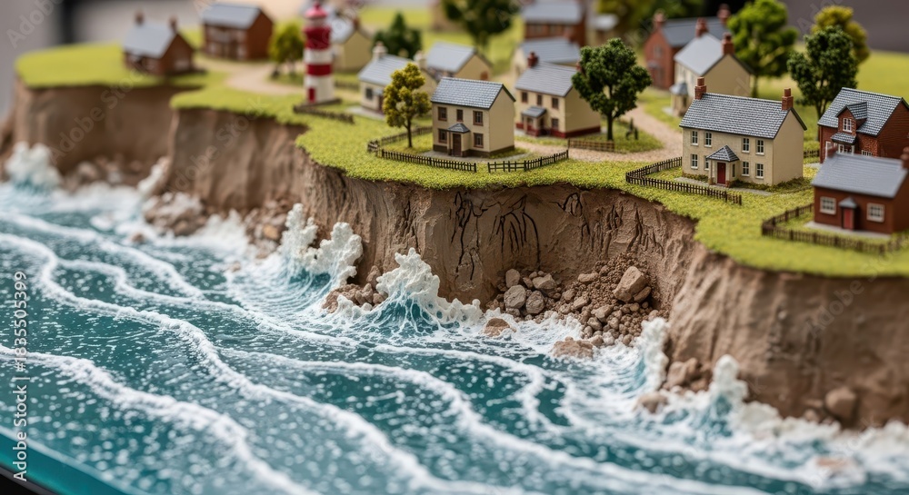 Fototapeta premium Miniature coastal village sits precariously atop eroding sea cliffs battered by ocean waves