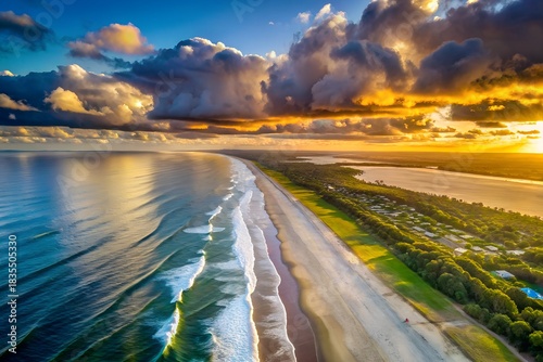 Aerial view of a tropical beach at sunset with dramatic clouds