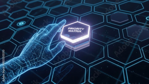 Digital hand pressing priority matrix button on futuristic interface