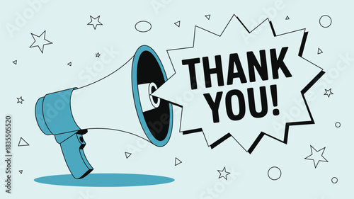 Colorful megaphone illustration with bold Thank You message in comic-style burst shape surrounded by playful stars for gratitude, appreciation and announcement themes