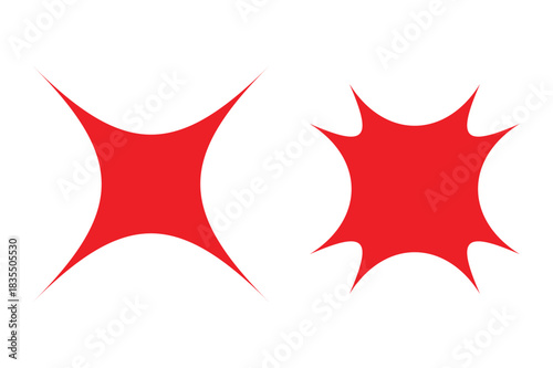 Two Red Starburst Shapes on White Background Keywords: red, starburst, shape, explosion, burst, comic
