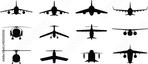PrintBlack silhouettes vector illustration set of various airplanes, jet liners, cargo planes, and different helicopter models from the front view, transportation.