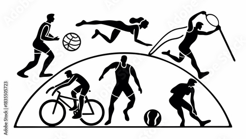 Black and white illustration featuring various sports activities including basketball and tennis players and more mjunaid silhouette
