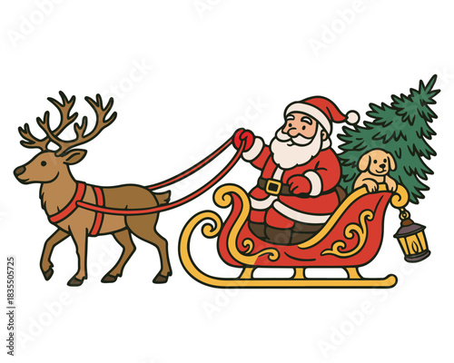 Cartoon Christmas illustration of Santa Claus with a reindeer and sleigh