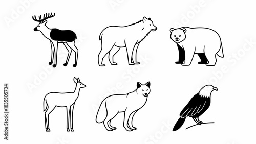 Illustration of a set of wildlife animals including deer, wolf, bear, fox, eagle, and another deer drawing mjunaid silhouette