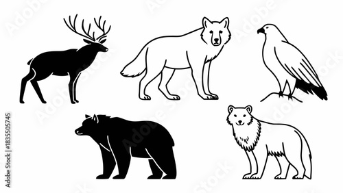 Illustration showcasing a deer, wolf, eagle, black bear, and a white bear in a simple line drawing style mjunaid silhouette