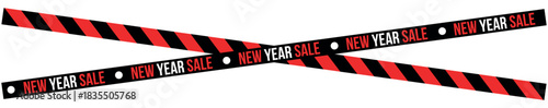 Two black and red striped banners with new year sale text crossing each other on a white background , ribbons, stripes, tape