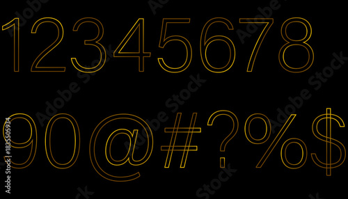 Golden numbers and symbols outlined against a black background perfectly organized