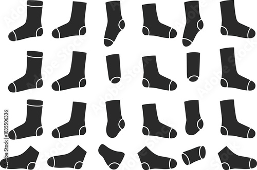 PrintCollection of Black Socks Silhouettes in Various Poses, Clothing Icon Set, Simple Footwear and Hosiery Vector Symbols, Wardrobe Item