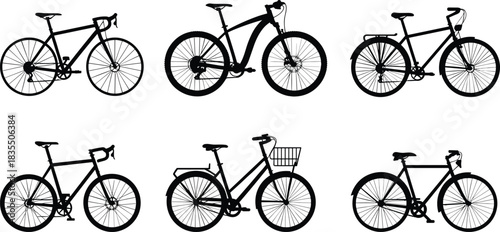 PrintCollection of Black Bicycle Silhouettes Vector Icons, Different Bike Types: Road, Mountain, and City Cruiser Transport Symbols, Cycling