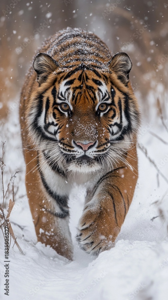 Obraz premium A snow tiger with a focused gaze strides through a snow-covered forest, creating the backdrop for conservation projects and winter travel.