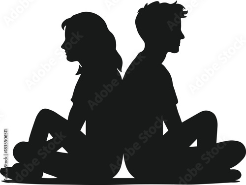 Back-to-back silhouette of a man and a woman sitting, emotional distance vector art