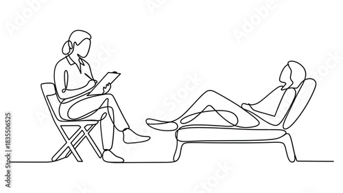 Continuous one line drawing of a therapist consulting a patient during counseling session, minimalist mental health illustration for psychology and support themes