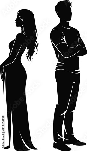PrintSilhouettes of an elegant couple standing back-to-back, representing conflict, tension, separation, and relationship issues, with one figure in a long dress, isolated on white background.