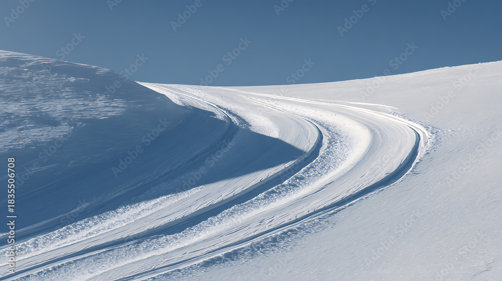 Obraz premium Scenic snowy mountain landscape under a clear blue sky, featuring winding tracks through the snow. Serene, cold, and wintery mood. Snow-covered terrain and tracks are prominent.