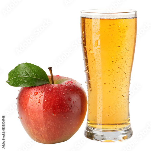 Apple juice in a glass and a red apple on a transparent background.