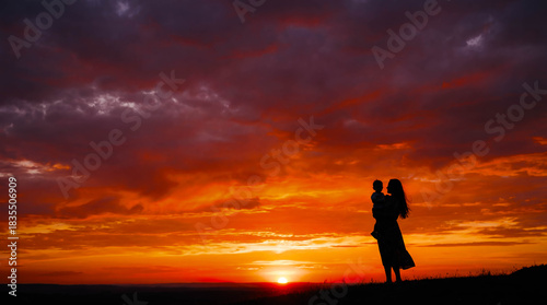 Silhouette mother holding child sunset copy space nature sky background family hope future mom baby looking horizon outdoors beautiful peaceful evening love emotion parenting atmospheric concept
