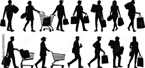 PrintSilhouettes of people carrying shopping bags and pushing carts, representing consumerism, retail therapy, sales, and various buying activities, isolated on white background.