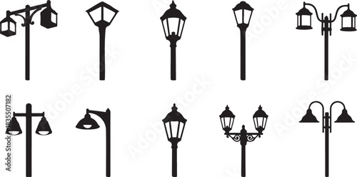 Collection of ten black silhouette street lamp post designs