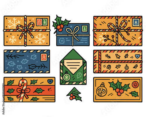 Vintage floral winter holiday decoration illustration set with seamless symbol pattern for card and paper gift design art