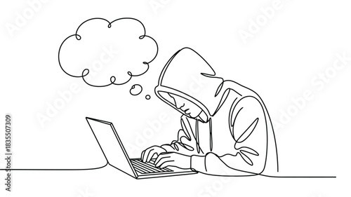 Minimalist one line drawing of a tired person in hoodie working on laptop with empty thought bubble representing stress burnout fatigue and creative block
